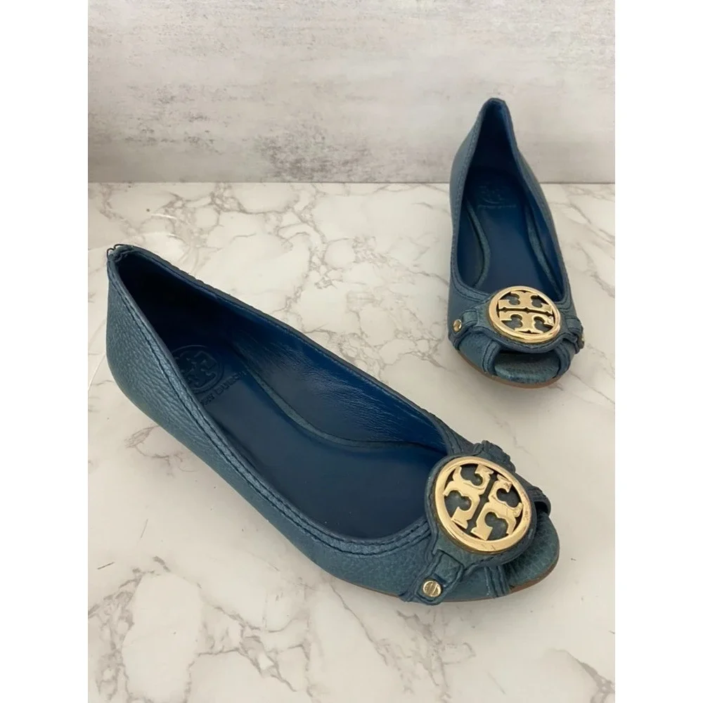 Tory Burch Navy Blue Leather Leticia Wedge Pumps Sz 6M Blue Logo Office Work